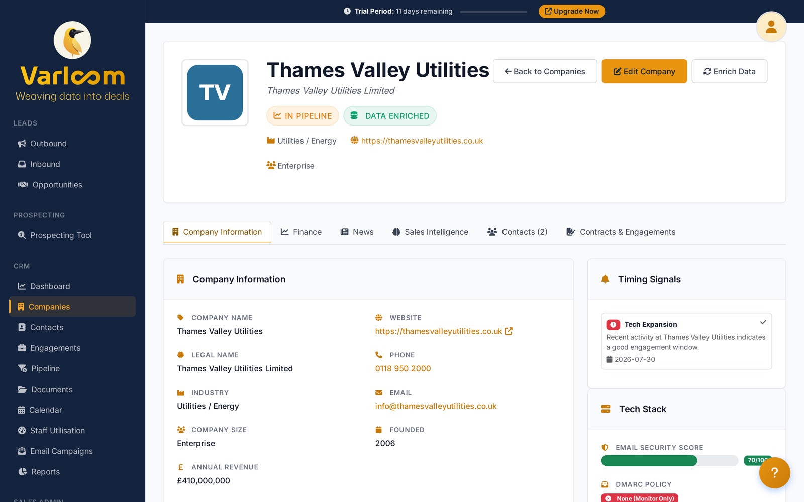 Varloom company intelligence profile with enrichment, timing signals and tech stack